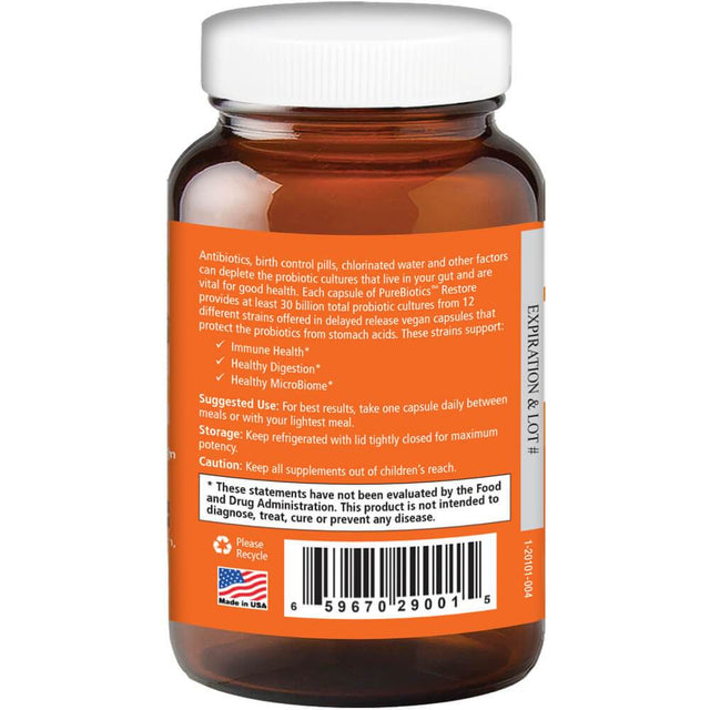 Purebiotics Restore Probiotics 30 Billion CFU - 12 Strains for Immune Support and Digestive Health for Men and Women by Pure Essence - 30 Capsules