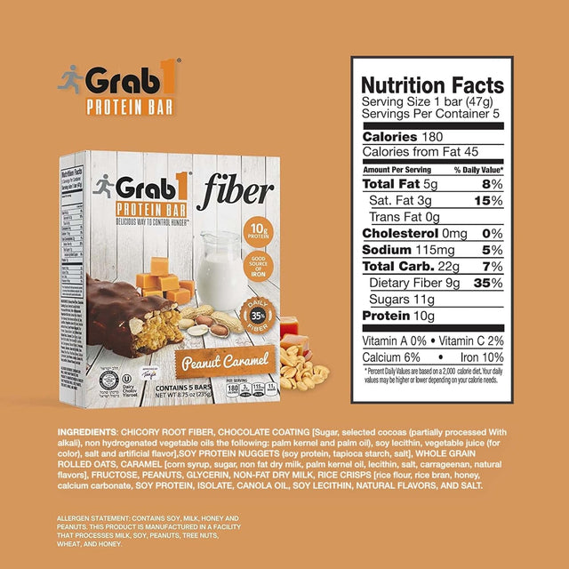 Grab1 High Fiber Protein Bars | 9 Grams Fiber | 10 Grams Protein | Peanut Caramel Flavor (2 Pack - 10 Bars) Controls Hunger | Delicious Tasting (For Real!) | Lower Net Carbs | Low Calorie | Certified Kosher