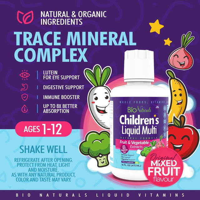 Bio Naturals Children'S Liquid Multivitamin & Immune Booster - Natural Supplement for Kids & Toddlers with Vitamins a B C D3 E, Fiber, Fruits & Vegetables - No Gmos, Gluten, Sugar, Dairy, Soy - 16Oz