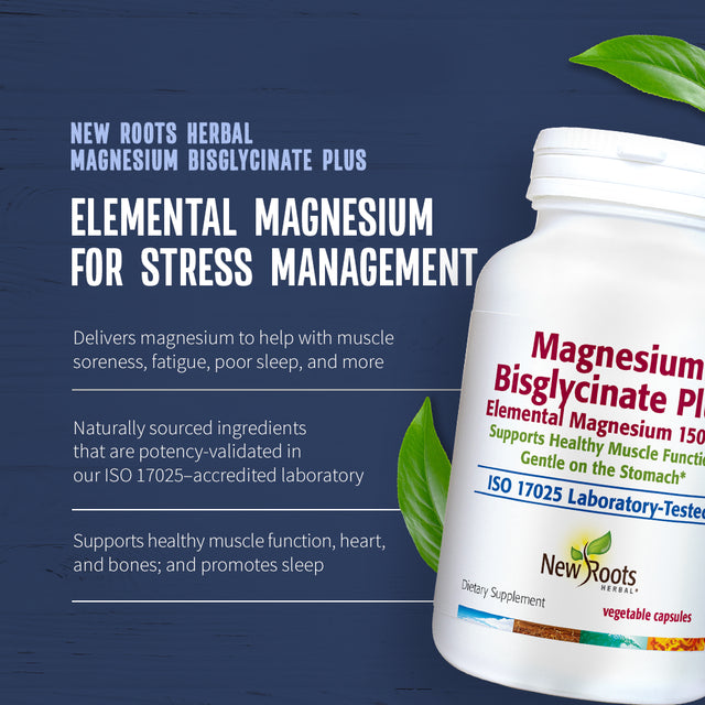 New Roots Herbal - Magnesium Bisglycinate Plus, 120 Capsules - 150 Mg Elemental Magnesium per Capsule Supports Healthy Muscle Function · Gentle on the Stomach