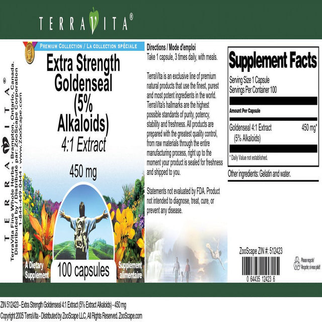 Terravita Extra Strength Goldenseal 4:1 Extract (5% Alkaloids) - 450 Mg, (100 Capsules, 1-Pack, Zin: 512423)