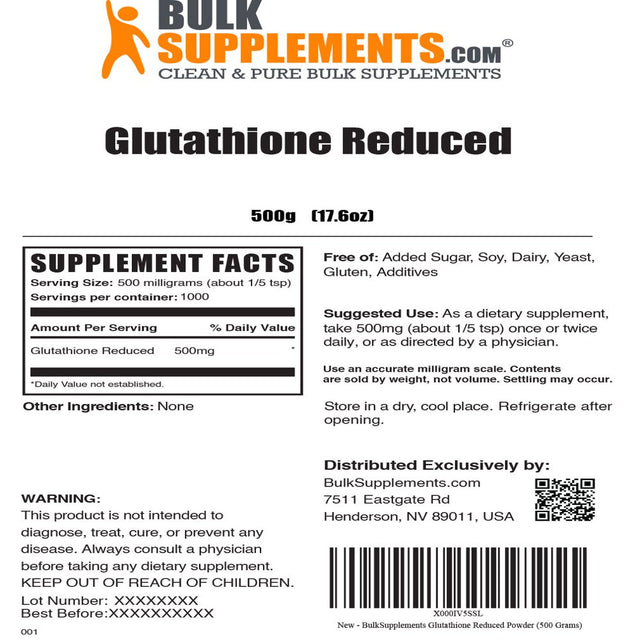 Bulksupplements.Com Glutathione Powder (500G - 1000 Servings)