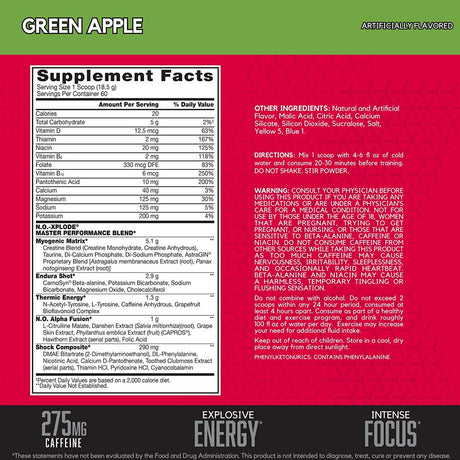 BSN N.O. Xplode Nitric Oxide Booster + Pre Workout Powder, Green Apple, 60 Servings