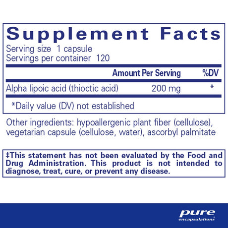 Pure Encapsulations Alpha Lipoic Acid 200 Mg | ALA Supplement for Liver Support, Antioxidants, Nerve and Cardiovascular Health, Free Radicals, and Carbohydrate Support* | 120 Capsules