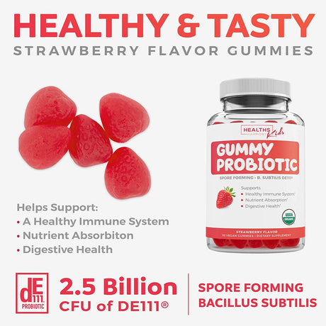 Healths Harmony USDA Organic Probiotics for Kids (Non-Gmo) Strawberry Flavor Kids Probiotic Gummies for Digestion and Immune Support - 2.5 Billion CFU of DE111 Spore Forming - 30 Gummys