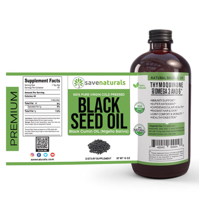 16 Oz Black Seed Oil 100% Pure Cold Pressed Natural Cumin Nigella Sativa Non-Gmo GLASS Bottles Immune Support by Savenaturals