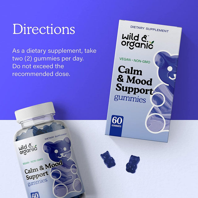 Wild & Organic Calm & Mood Support Gummies- Stress Support W/ Magnesium, L-Theanine, Ashwagandha, 60 Ct