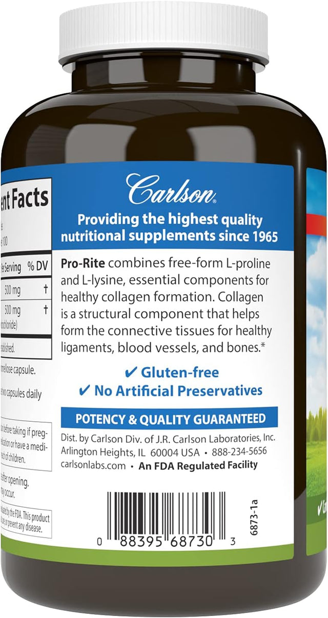 Carlson - Pro-Rite, Free-Form L-Proline & L-Lysine, Health, Joint Support & Collagen Formation, 200 Capsules