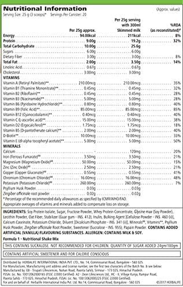 Herbalife Formula 1 Nutritional Shake Mix Vanilla Flavor 500 GM