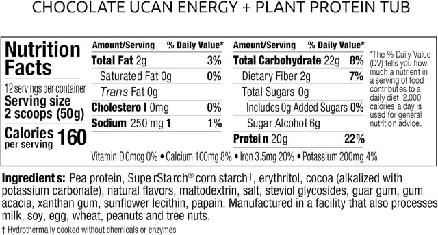 UCAN Energy + Plant Protein Powder - Vegan Plant Based Protein 20G Pea Protein with Amino Acids Eaas & Bccas - Keto Protein Powder - No Added Sugar, Gluten-Free - Chocolate -12 Servings