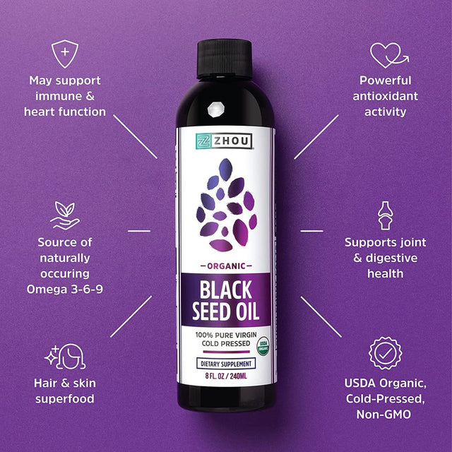 Zhou Organic Black Seed Oil | 100% Virgin Cold Pressed Omega 3 6 9 | Super Antioxidant for Immune Support, Joints, Digestion, Hair & Skin | Vegan, Gluten-Free, Non-Gmo | 8Oz