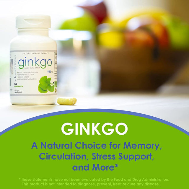 VH Nutrition Ginkgo Biloba 550Mg Supplement - Supports Brain Health, Mental Alertness, Concentration & Focus, Natural Energy Booster - 60 Capsules