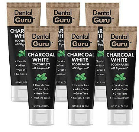 Dental Guru 6 Pack Charcoal Toothpaste with Peppermint - Natural & Fluoride Free - Whiter Teeth & Fresh Breath - Great Taste with Advanced Essential Oil Formula - Suitable for Everyday Use