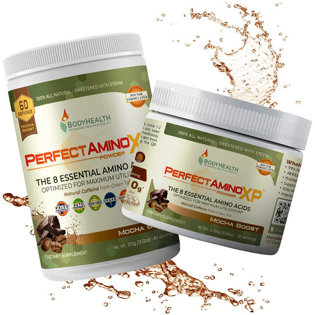 Bodyhealth Perfectamino XP Mocha Boost (30 Serving), Best Pre/Post Workout Recovery Drink, 8 Essential Amino Acids Energy Supplement with 50% Bcaas, 100% Organic, 99% Utilization