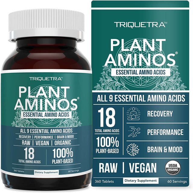 Plant Aminos Organic Essential Amino Acids (Eaas) & BCAA - 100% Plant-Based Raw, Vegan - All 9 Amino Acids with 18 Total Amino Acids (360 Tablets)