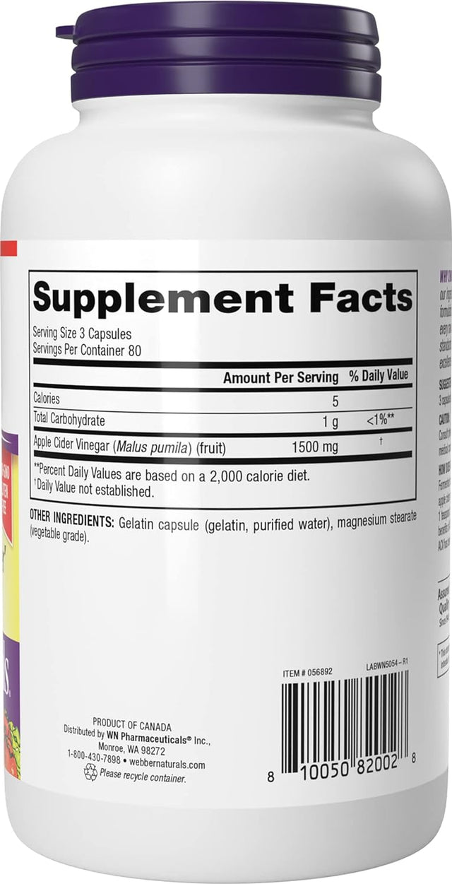 Webber Naturals Apple Cider Vinegar Pills, 1,500 Mg per Serving, High Potency, 240 Capsules, Natural Digestion, Metabolism, Weight & Detox Support, Non-Gmo, Gluten, Dairy & Sugar Free