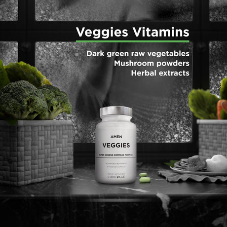 Amen Veggies, Whole-Food Raw Greens Daily Multivitamin Capsules, Mushroom Complex, Vegan, 90 Ct