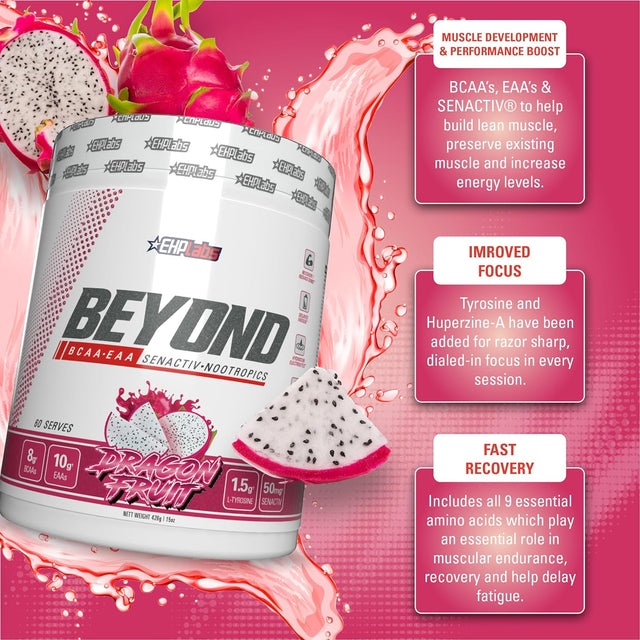 Ehplabs beyond BCAA Powder Amino Acids Supplement for Muscle Recovery - 8G of Sugar Free Bcaas Amino Acids Post Workout Recovery Powder & 10G of EAA Amino Acids Powder - 60 Servings (Dragon Fruit)