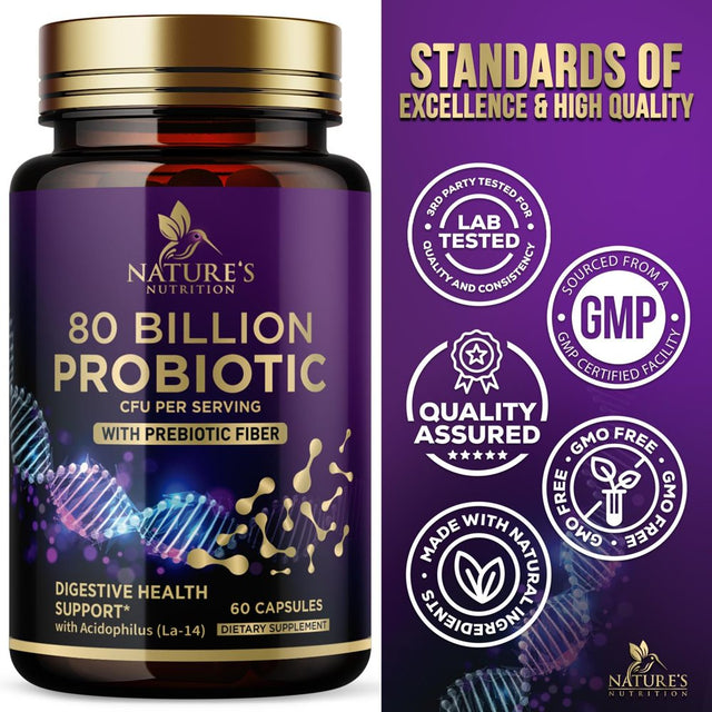 Nature'S Probiotics 80 Billion CFU + Prebiotics, Acidophilus Probiotic Supports Immune System & Digestive Health, Supports Occasional Constipation, Supplement for Women Feminine Health - 60 Capsules