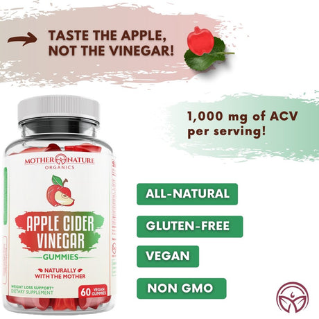 Apple Cider Vinegar Gummies | Supplement for Weight Loss, Boost Immune System and Flush Impurities with Mother Nature Organics | Vegan, Gluten-Free, Non-Gmo, and Allergen-Free | 60Ct Gummies