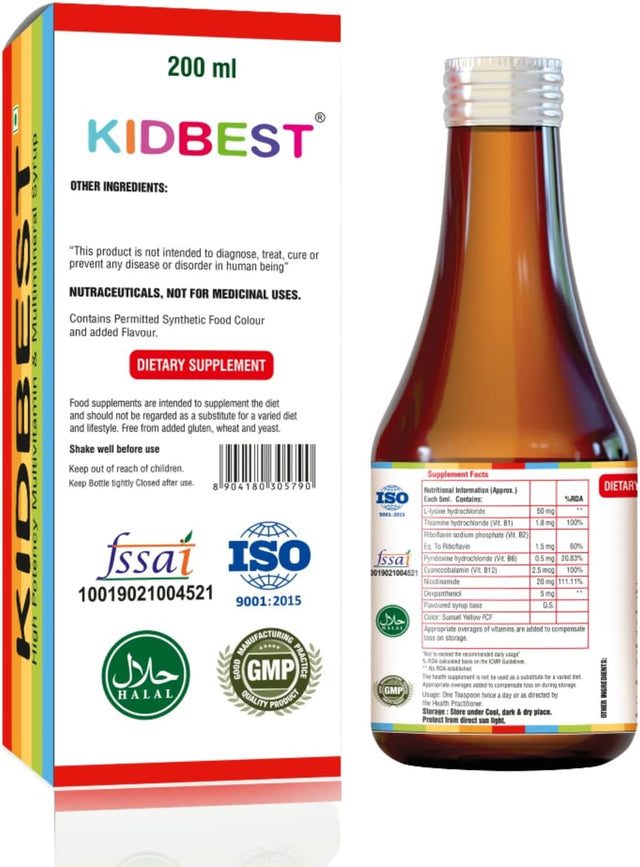 Kidbest Appetite Stimulant Syrup for 3-13 Yrs Kids | Increase Hunger | Helps Maintain Weight | Gluten Free | L-Lysine Hci,Vitamins B1,B2,B6,B12 | 200 Ml