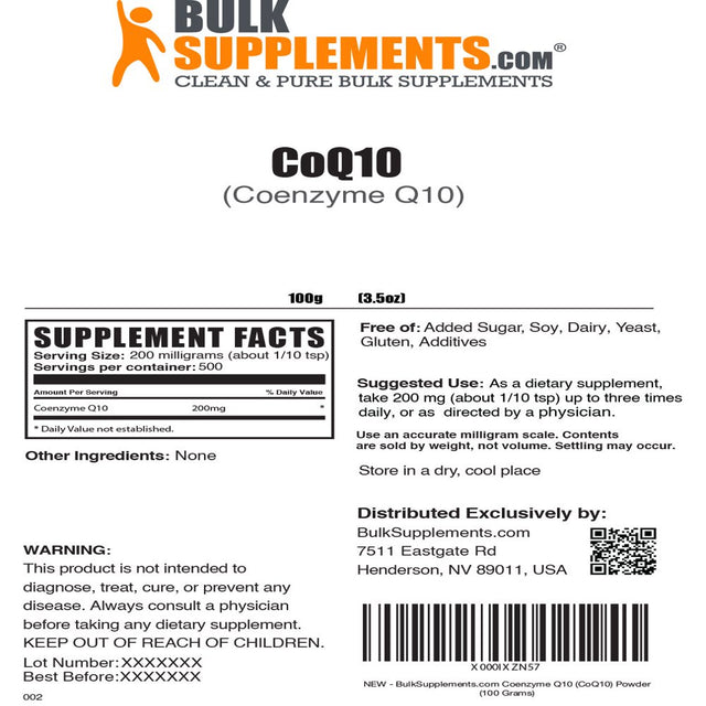 Bulksupplements.Com Coenzyme Q10 (COQ10) Powder - Antioxidant Powder - COQ10 Nutritional Supplements (100 Grams - 3.5 Oz)