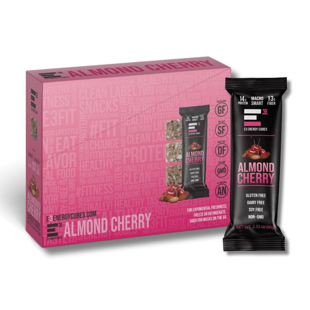 E3 Energy Cubes Almond Cherry Protein Bars, Gluten Free, Dairy Free, Soy Free, All Natural, Non-Gmo, Macro Smart, Pre-Biotic Fiber (Box of 12)