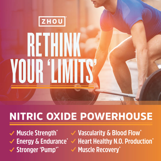 Zhou Nitric Oxide with L Arginine, Citrulline Malate, AAKG and Beet Root | Powerful N.O. Booster and Muscle Builder for Strength, Blood Flow and Endurance | 30 Servings, 120 Veggie Caps