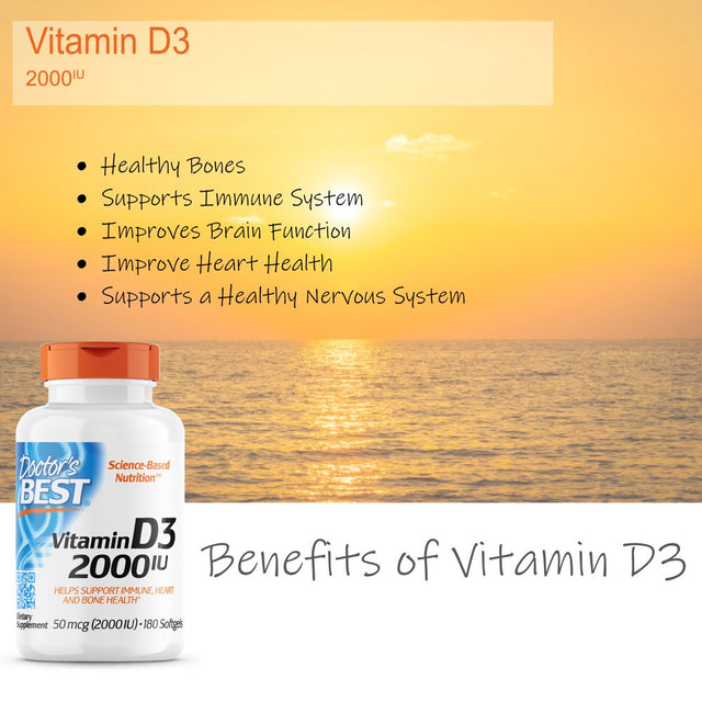 Doctor'S Best Vitamin D3 2000IU, Non-Gmo, Gluten Free, Soy Free, Regulates Immune Function, Supports Healthy Bones, 180 Softgels