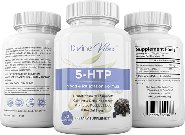 5-HTP 200Mg plus Calcium for Mood, Sleep, Stress Support - Boosts Serotonin Production - High Purity – 60 Capsules