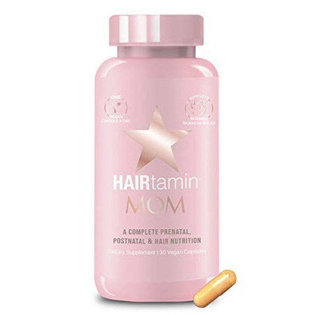 Hairtamin MOM Vegan Prenatal & Postnatal Multivitamin with Probiotics | Biotin & Vitamin A, C, & E Supplements for Healthy Hair Skin Nails | Vegan Gluten-Free Capsules