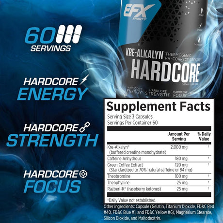 EFX Sports Kre-Alkalyn Hardcore , Thermogenic Ph Correct Creatine Monohydrate Pill Supplement , Energy & Strength Pre Workout , 60 Servings, 180 Capsules 180 Count (Pack of 1)