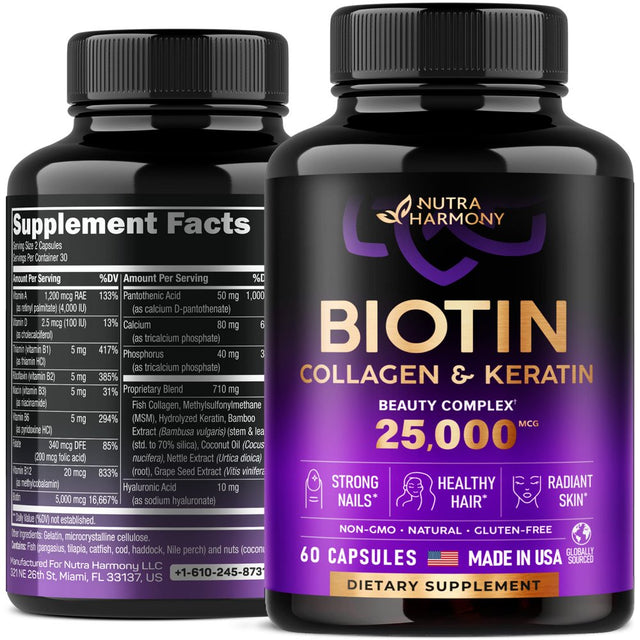 Biotin Vitamins with Collagen & Keratin - Hair Growth Supplement for Women & Men - 25000 Mcg Pills - Made in USA - B1,B2,B3,B6,B7 Complex - Healthy Nails & Skin - as Liquid, Drops, Oil - 60 Capsules