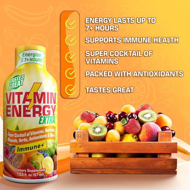 Vitamin Energy Extra Immune+ Energy Shots, Citrus Flavor, up to 7+ Hours of Energy, 1.93 Fl Oz, 24 Count