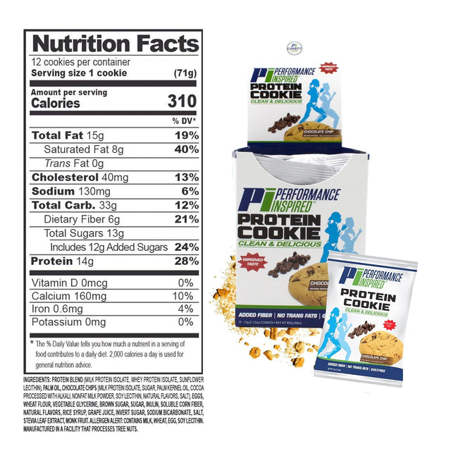 Performance Inspired Nutrition Protein Cookie - Contains: BIG 14G Isolate Proteins - 6G of Fiber - All Natural - Gluten Free - No Artificial Ingredients - Great Tasting Chocolate Chip Flavor - 12 Count