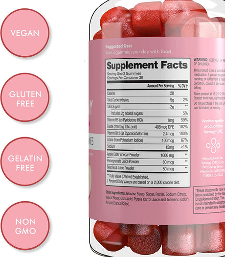 Apple Cider Vinegar Gummies, 60 Count – Boost Energy, Detox, Support Gut Health & Healthy Metabolism – Vegan, Non-Gmo - Made with Apples, Beetroot, Vitamins B6 & B12, Superfoods