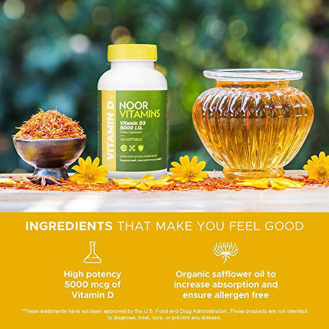 Noorvitamins Vitamin D3 5000 IU Softgels I Supports Bone, Immune, Heart & Mood Health I Pure Vitamin D from Safflower Oil to Maximize Absorption I All Natural, Non-Gmo, Gluten Free & Halal (60 Count)