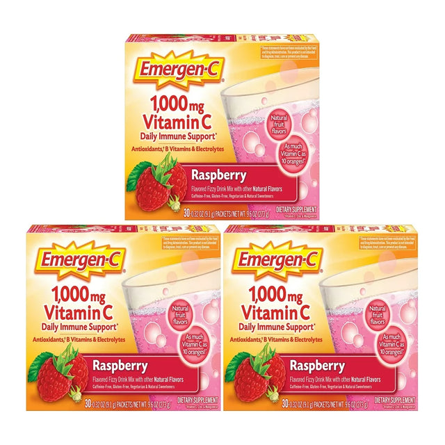 Emergen-C Vitamin C Drink Mix Packets Raspberry 30 Each (Pack of 3)