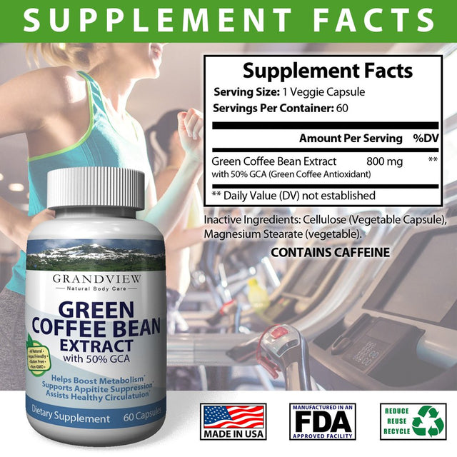 Green Coffee Bean W/Gca - Helps Suppress Appetite Boosts Metabolism Promotes Weight Loss Helps Control Blood Sugar Levels Heart Healthy