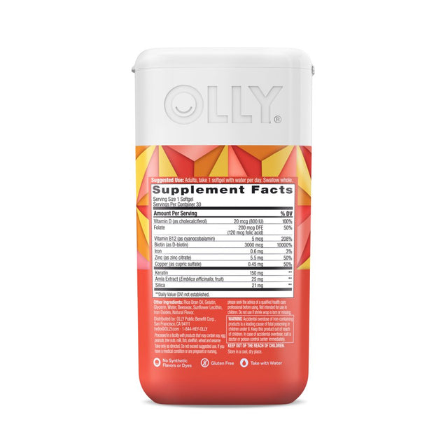 OLLY Ultra Strength Hair Support Softgel, Biotin, Keratin, Minerals, 30 Ct