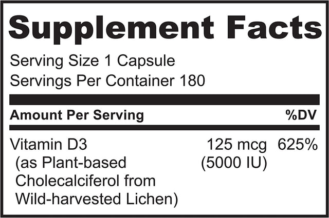 NATURELO Vitamin D3 - 5000 IU - Plant Based from Lichen - Natural Vegan D3 Supplement for Immune System, Bone Support, Joint Health - High Potency - Non-Gmo - Gluten Free - 180 Capsules