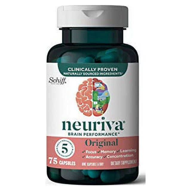 Nootropic Brain Support Supplement - NEURIVA Original Capsules (75 Count in a Bottle) Phosphatidylserine, Gluten Free, Decaffeinated - Supports Focus, Memory, Learning, Accuracy & Concentration