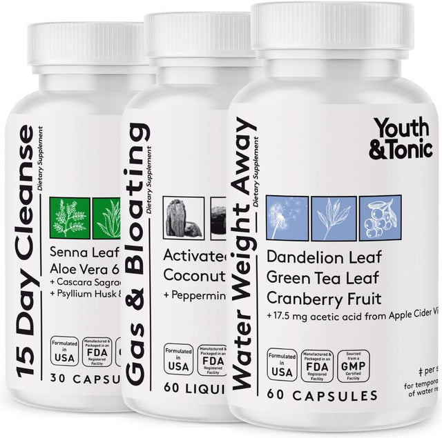 Youth & Tonic 3X Belly Bloating Pills for Puffiness, Water Debloat, Stomach, Gut & Colon Cleanse Detox | with Liquid Activated Charcoal, Coconut & Peppermint Oil, Senna Leaf & More | 150 Capsules