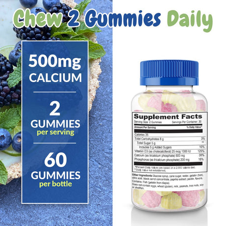 Calcium 500Mg with Vitamin D3 1000 IU Gummies 2 Pack | Great Tasting Natural Berry Flavor