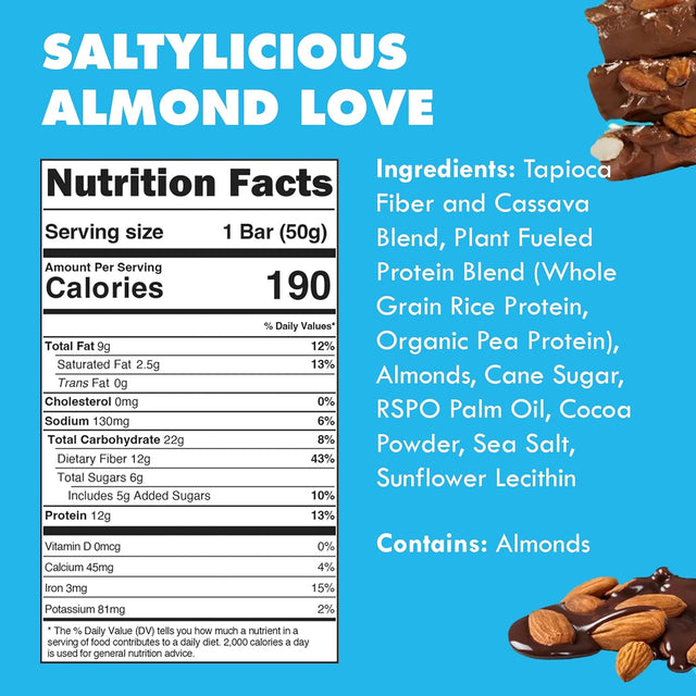 TRUBAR Vegan Protein Bars - Soy Free, Dairy Free, Gluten Free Protein Bars - No Sugar Alcohols - Non-Gmo - 12G of Protein - Saltylicious Almond Love - 12 Count