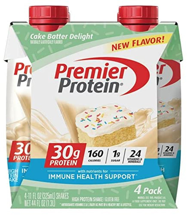 Premier Protein Shake, Cake Batter Delight, 30 G Protein, 1 G Sugar, 24 Vitamins & Minerals, Nutrients to Support Immune Health, Cream, 11 Fl Oz, 4 Count