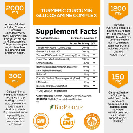 Turmeric Curcumin with Bioperine, Ginger & Glucosamine 95% Curcuminoids 2000Mg - Black Pepper for Max Absorption, Joint Support, Nature'S Tumeric Extract Supplement, Non-Gmo - 120 Capsules