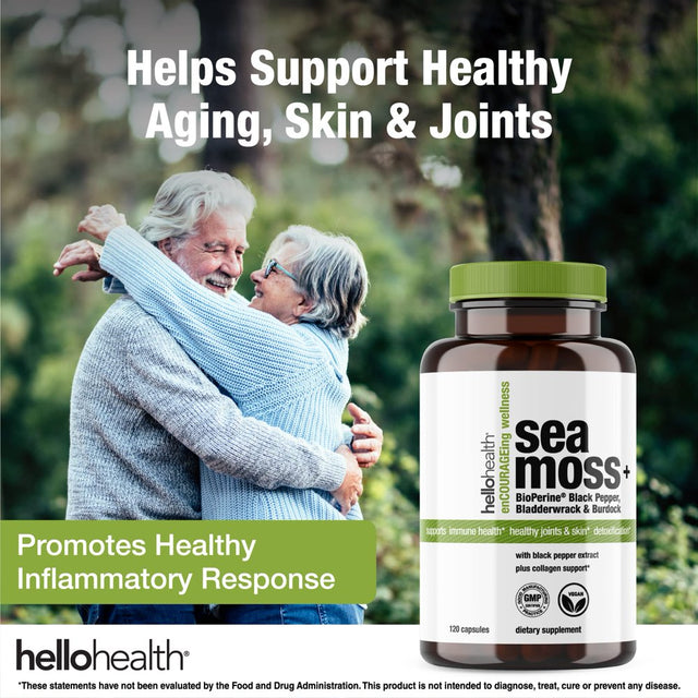 Hello Health Organic Irish Sea Moss - Bioperine Super Food for Immune Support -Thyroid Support - Gut, Skin & Joint Health - 120 Capsules