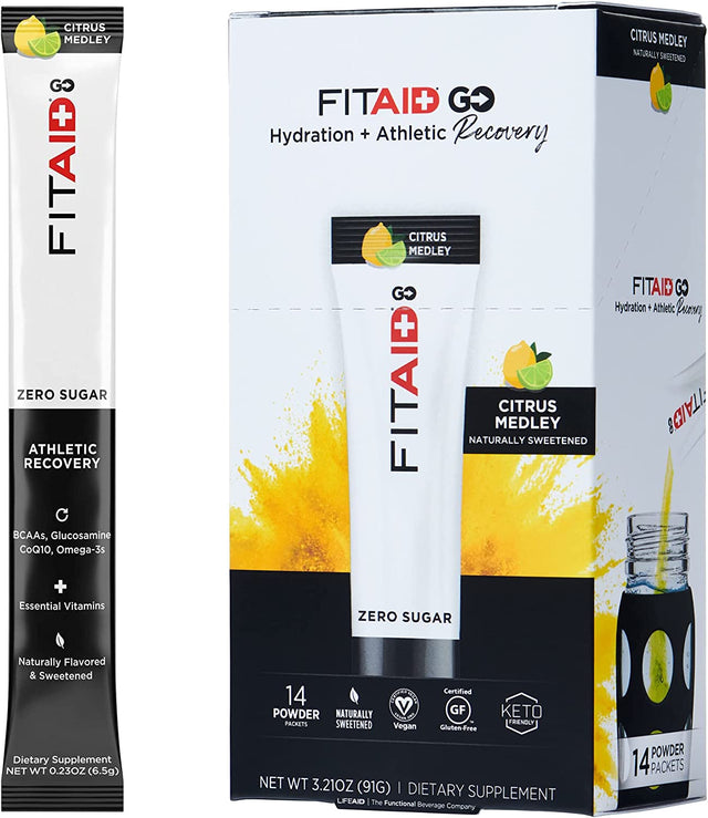 FITAID GO ZERO SUGAR Recovery Hydration Packet, W/ Bcaas, Glucosamine, Electrolytes, Omega-3S, 100% Clean, Keto-Friendly, Vegan & Gluten-Free, 5 Calories, Naturally Sweetened, 14 Pack