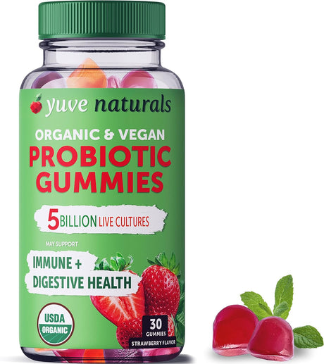 Yuve Vegan USDA Organic Probiotic Gummies - 5 Billion CFU - Promotes Digestive Health & Immunity - Helps with Constipation, Bloating, Detox, Leaky Gut & Gas Relief - Natural, Non-Gmo, Gluten-Free 30Ct